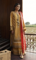Shirt Gotta & Dori Embroidered Center Panel Embroidered Side Panels (Front) Plain organza (Front) Embroidered Front Daman and sleeves Block Printed Back Embroidered Tassels x8 Dori Embroidered Border For Front Dori Embroidered Lace for chock Embroidered Border for sleeves Embroidered Neckline Dori Embroidered Shoulder Patch Dupatta Embroidered on Organza Embroidered lace (Pallus) Chatta Patti Embroidered (Pallus) Trouser Plain Trouser Embroidered Border