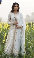 Shirt Embroidered Bodice (Front and Back) Embroidered Neckline Embroidered (Front & Back Border) Zari jacquard (Front & Back) Embroidered (Sleeves) Embroidered Lace (Sleeves) Embroidered lace For kali ( Front and Back) Gotta Embroidered lace (Bodice & Sleeves) Dupatta Embroidered Chiffon Dupatta Trouser Plain Trouser