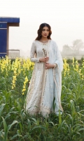 Shirt Embroidered Bodice (Front and Back) Embroidered Neckline Embroidered (Front & Back Border) Zari jacquard (Front & Back) Embroidered (Sleeves) Embroidered Lace (Sleeves) Embroidered lace For kali ( Front and Back) Gotta Embroidered lace (Bodice & Sleeves) Dupatta Embroidered Chiffon Dupatta Trouser Plain Trouser