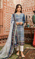 Digital Printed Front with Dorri Work Digital Printed Back Digital Printed Sleeves Net Embroidered Dupatta Plain Trouser Embroidered Charmouse Patch Digital Printed Charmouse Patch for Dupatta