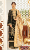 Gota  Embroidered Front Panel Embroidered Side Panels  Sheesha Embroidered Border (Front) Sheesha and Gota Embroidered Neckline Sheesha Embroidered Sleeves  Embroidered Hanging Tassel Motifs (Two) Block Printed Back  Sheesha Embroidered Lace (Trouser) Zari Gold Embossed Printed Dupatta  Raw Silk Plain Trouser 