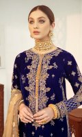 Sequins Embroidered Front & Back Sequins Embroidered Sleeves Embroidered Motifs (Sleeves) Embroidered Neckline Embroidered Lace (Front) Embroidered Motifs (Front ) Dori Embroidered Border (Front, & Sleeves) Embroidered Border (Back) Zari Jacquard Woven Dupatta Raw Silk Plain Trouser