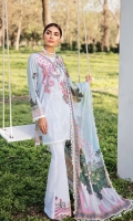 Pearl Printed Front Digital Printed Back Digital Printed Sleeves Digital Printed Egyptian Lawn Dupatta Dye Trouser 2 Embroidered Patches Embroidered Trouser Patch