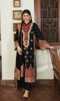 Shirt Embroidered (Front) Embroidered Lace (Front side panel, Front Border and sleeves ) Digital Printed Border (Front & Sleeves) Embroidered Neckline Plain (Back) Embroidered (Sleeves) Shawl Wool Shawl Embroidered Motifs x4 Trouser Plain Trouser