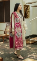 Shirt Embroidered (Front) Embroidered lace (Front) Embroidered border (Front) Block printed organza border (Front & Sleeves) Block Printed (Back & Sleeves) Embroidered lace (Sleeves) Shawl Block Printed shawl Embroidered Motifs Trouser Plain Trouser