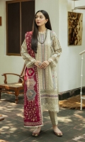 Shirt Embroidered (Front) Embroidered lace (Front) Embroidered border (Front) Block printed organza border (Front & Sleeves) Block Printed (Back & Sleeves) Embroidered lace (Sleeves) Shawl Block Printed shawl Embroidered Motifs Trouser Plain Trouser