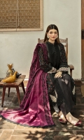 Shirt Hand loomed (Front ,Back & Sleeves) Schiffli Embroidered lace (Front Center & Daman) Front Motifs x 4 Plain organza (Front Daman) Embroidered lace (Sleeves) Shawl Hand loomed Jacquard Schiffli Embroidered border (Shawl) Trouser Plain Trouser