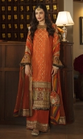 Shirt Gotta Embroidered (Front ,Back & Sleeves) Sheesha Embroidered Front Neckline Embroidered side lace (Front and Back) Gotta Embroidered border (Front) Embroidered Neckline (Back) Embroidered border (Back) Shoulder Motifs (Hand Made) Sheesha Embroidered Shoulder Motifs Embroidered sleeves border Hand Made Embroidered Tassels x2 Embroidered Tassels x2 Dupatta Organza (Hand work) Embroidered lace Four sided Digital Printed Dupatta Patch Trouser Raw silk Embroidered patch