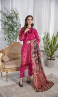 Dyed Jacquard Linen Complete Shirt 3.15 Yards Embroidered Neck On Organza 1Pc Embroidered Trouser Lace On Organza 40 Inch Embroidered Sleeve Lace On Organza 40 Inch Digital Printed Lurex Dupatta 2.65 Yards Dyed Linen Trouser 2.65 Yards