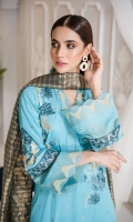 Embroidered Shirt Fronton Dyed Jacquard Linen 1.25 Yards Dyed Jacquard Linen Shirt Back And Sleeve 1.90 Yards Embroidered Front Border On Organza 30 Inch Embroidered Sleeve Lace On Organza 40 Inch Yarn Dyed Lurex Dupatta 2.50 Yards Embroidered Dupatta Pallu On Organza 84 Inch Dyed Linen Trouser 2.65 Yards