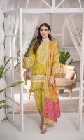 Dyed Jacquard Linen Complete Shirt 3.15 Yards Embroidered Neck On Organza 1 Pc Embroidered Front Border On Organza 30 Inch Embroidered Sleeve Lace On Organza 40 Inch Digital Printed Lurex Dupatta 2.65 Yards Dyed Linen Trouser 2.65 Yards