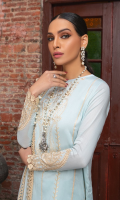 Embroidered shirt front on lawn cotail 1.25 yard Dyed back and sleeve on lawn cotail 2 yard Embroidered sleeve motif on organza 1 pair Embroidered shirt front lace on organza 30 inch Embroidered back motif on organza 1pcs Embroidered sleeve lace on organza 40 inch Embroidered chiffon dupatta 2.50 yard Embroidered chiffon dupatta pallu 84 inch Dyed cotton trouser 2.70 yard