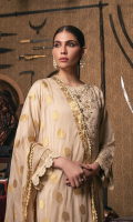 Embroidered shirt front on lawn cotail 1.25 yard Dyed back and sleeve on lawn cotail 2 yard Embroidered sleeve lace on organza 40 inch Embroidered shirt back border on organza 30 inch Zari chiffon Dyed Dupatta 2.75 yard Dyed cotton trouser 2.70 yard