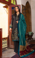Embroidered shirt front on lawn cotail 1.25 yard Dyed back and sleeve on lawn cotail 2 yard Embroidered sleeve motif on organza 1 pair Embroidered neck lace on organza 40 inch Embroidered sleeve lace on organza 40 inch Yarn dyed khaddi woven dupatta with lurex 2.75 yard Dyed cotton trouser 2.70 yard