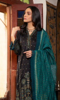 Embroidered shirt front on lawn cotail 1.25 yard Dyed back and sleeve on lawn cotail 2 yard Embroidered sleeve motif on organza 1 pair Embroidered neck lace on organza 40 inch Embroidered sleeve lace on organza 40 inch Yarn dyed khaddi woven dupatta with lurex 2.75 yard Dyed cotton trouser 2.70 yard