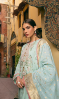 Embroidered shirt front on lawn cotail 1.25 yard Dyed back and sleeve on lawn cotail 2 yard Embroidered shirt back motif on organza 1 pcs Embroidered sleeve motif on organza 1 pair Embroidered shirt front lace on organza 30 inch Embroidered shirt back lace on organza 30 inch Embroidered sleeve lace on organza 40 inch Zari dyed dupatta 2.75 yard Dyed cotton trouser 2.70 yard