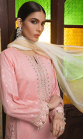 Embroided shirt front on lawn cotail 1.25 yard Embroided shirt back on lawn cotail 1.25 yard Embroided shirt sleeve on lawn cotail 0.70 yard Embroided sleeve lace on lawn cotail added with back 40 inch Yarn dyed khaddi woven dupatta with lurex 2.75 yard Dyed cotton trouser 2.70 yard