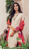 Embroidered Jacquard Shirt Front Digital Printed Back and Sleeves Woven Silk Dupatta Embroidered Border Dyed Cambric Trouser