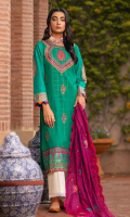 Embroidered Block Print Jacquard with Sheesha work Shirt Front Block Print Sleeves & Back Embroidered Hem Border Embroidered  Jacquard Silk Dupatta Dyed Cambric Trouser
