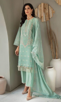 Embroidered Shirt Front Printed Shirt Back & Sleeves Schiffli Embroidered Chanderi Dupatta Dyed Cambric Trouser
