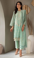 Embroidered Shirt Front Printed Shirt Back & Sleeves Schiffli Embroidered Chanderi Dupatta Dyed Cambric Trouser