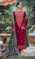Embroidered Jacquard Khaddar Front Embroidered Jacquard Khaddar Back Center Embroidered Jacquard Khaddar Fabric For Side Panels Embroidered Jacquard Khaddar Sleeves Dyed Khaddar Trouser Multi Colored Jacquard Shawl Embroidered Hem Lace Embroidered Lace2 Yards