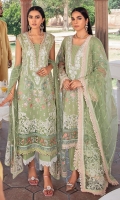 Embroidered front Embroidered daman patch Embroidered front & back daman Patti Embroidered back Embroidered sleeves Embroidered sleeves Patti Dyed trouser Embroidered Net dupatta