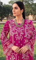 Embroidered front Embroidered back Embroidered sleeves Embroidered sleeves Patti Embroidered front & back daman patch Dyed Trouser Embroidered net dupatta
