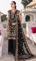 Embroidered front Embroidered back Embroidered sleeves Embroidered sleeves patti Embroidered front & back daman patch Dyed Trouser Embroidered net dupatta