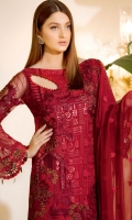 Embroidered chiffon front with sequins – 30 inch Embroidered chiffon back – 30 inch Embroidered chiffon sleeves – 1.25 Meter Embroidered tissue sleeves lace with patches for pasting Embroidered tissue ghera lace -1.5 Meter Embroidered Chiffon dupatta – 2.50 Meter Raw Silk trouser – 2.5 Meter Embroidered tissue trouser lace for  pasting