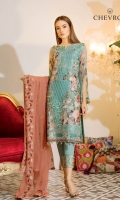 Embroidered chiffon front with sequins– 30 inch Embroidered chiffon back – 30 inch Embroidered chiffon sleeves – 1.25 Meter Embroidered tissue sleeves lace with pasting -1.25 Embroidered tissue ghera lace – 1.5 Meter Embroidered chiffon dupatta – 2.50 Meter Raw Silk trouser – 2.5 Meter Embroidered tissue lace for pasting