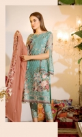 Embroidered chiffon front with sequins– 30 inch Embroidered chiffon back – 30 inch Embroidered chiffon sleeves – 1.25 Meter Embroidered tissue sleeves lace with pasting -1.25 Embroidered tissue ghera lace – 1.5 Meter Embroidered chiffon dupatta – 2.50 Meter Raw Silk trouser – 2.5 Meter Embroidered tissue lace for pasting