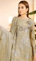 Embroidered chiffon front with sequins– 30 inch Embroidered chiffon back – 30 inch Embroidered chiffon sleeves – 1.25 Meter Embroidered tissue sleeves lace with pasting – 1.25 Meter Embroidered tissue ghera lace – 1.5 Meter Embroidered Chiffon dupatta – 2.50 Meter Raw Silk trouser – 2.5 Meter Embroidered tissue trouser lace for pasting