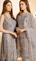 Embroidered chiffon front with sequins– 30 inch Embroidered chiffon back – 30 inch Embroidered chiffon sleeves – 1.25 Meter Embroidered tissue sleeves lace with patches– 1.25 Meter Embroidered tissue ghera lace – 1.5 Meter Embroidered Net dupatta – 2.50 Meter Raw Silk trouser – 2.5 Meter Embroidered tissue trouser lace for pasting