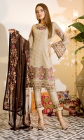 Embroidered chiffon front with sequins– 36 inch Embroidered chiffon back – 36 inch Embroidered chiffon sleeves – 1.25 Meter Embroidered tissue sleeves lace with pasting– 1.25 Meter Embroidered Net neck pasting Embroidered Net ghera lace – 1.5 Meter Embroidered chiffon dupatta – 2.50 Meter Raw Silk trouser – 2.5 Meter Embroidered tissue trouser lace for pasting