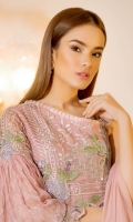Embroidered chiffon front with sequins – 30 inch Embroidered chiffon back – 30 inch Embroidered Chiffon sleeves– 1.25 Meter Embroidered tissue sleeves lace with patches -1.25 Meter Embroidered tissue ghera lace – 1.5 Meter Embroidered Chiffon  dupatta – 2.50 Meter Raw Silk trouser – 2.5 Meter Embroidered tissue trouser lace for pasting