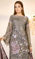 Embroidered chiffon front with sequins – 30 inch Embroidered chiffon back – 30 inch Embroidered chiffon sleeves – 1.25 Meter Embroidered tissue sleeves lace -1.25 Meter Embroidered tissue ghera lace – 1.5 Meter Embroidered Chiffon dupatta – 2.50 Meter Raw Silk trouser – 2.5 Meter Embroidered tissue trouser lace for pasting