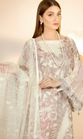 Embroidered chiffon front with sequins– 30 inch Embroidered chiffon back – 30 inch Embroidered chiffon sleeves – 1.25 Meter Embroidered tissue sleeves lace for pasting -1.25 Meter Embroidered tissue ghera lace – 1.5 Meter Embroidered Net dupatta – 2.50 Meter Raw Silk trouser – 2.5 Meter Embroidered tissue trouser lace for pasting