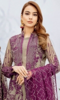 Embroidered chiffon front with sequins– 30 inch Embroidered chiffon back – 30 inch Embroidered chiffon sleeves – 1.25 Meter Embroidered tissue sleeves lace-1.25 Meter Embroidered tissue daman lace – 1.5 Meter Embroidered net dupatta – 2.50 Meter Raw silk trouser – 2.5 Meter Embroidered tissue trouser lace