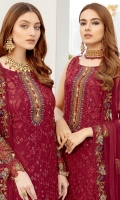 Embroidered chiffon front with sequins – 30 inch Embroidered chiffon back – 30 inch Embroidered chiffon sleeves – 1.25 Meter Embroidered tissue sleeves lace Embroidered tissue daman lace -1.5 Meter Embroidered chiffon dupatta – 2.50 Meter Raw silk trouser – 2.5 Meter Embroidered tissue trouser lace