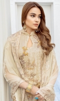 Embroidered chiffon front with sequins – 30 inch Embroidered chiffon back – 30 inch Embroidered chiffon sleeves – 1.25 Meter Embroidered tissue sleeves lace -1.25 Meter Embroidered tissue daman lace – 1.5 Meter Embroidered chiffon dupatta – 2.50 Meter Raw silk trouser – 2.5 Meter Embroidered tissue trouser lace