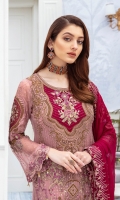 Embroidered chiffon front with sequins– 30 inch Embroidered chiffon back – 30 inch Embroidered chiffon sleeves – 1.25 Meter Embroidered tissue sleeves lace – 1.25 Meter Embroidered tissue daman lace – 1.5 Meter Embroidered chiffon dupatta – 2.50 Meter Raw silk trouser – 2.5 Meter Embroidered tissue trouser lace