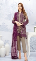 Embroidered chiffon front with sequins– 30 inch Embroidered chiffon back – 30 inch Embroidered chiffon sleeves – 1.25 Meter Embroidered tissue sleeves lace-1.25 Meter Embroidered tissue daman lace – 1.5 Meter Embroidered net dupatta – 2.50 Meter Raw silk trouser – 2.5 Meter Embroidered tissue trouser lace