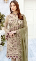 Embroidered chiffon front with sequins – 30 inch Embroidered chiffon back – 30 inch Embroidered chiffon sleeves – 1.25 Meter Embroidered tissue sleeves lace 1.25 Meter Embroidered tissue daman lace – 1.5 Meter Embroidered chiffon dupatta – 2.50 Meter Raw silk trouser – 2.5 Meter Embroidered tissue trouser lace