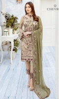 Embroidered chiffon front with sequins – 30 inch Embroidered chiffon back – 30 inch Embroidered chiffon sleeves – 1.25 Meter Embroidered tissue sleeves lace 1.25 Meter Embroidered tissue daman lace – 1.5 Meter Embroidered chiffon dupatta – 2.50 Meter Raw silk trouser – 2.5 Meter Embroidered tissue trouser lace
