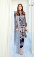 Embroidered chiffon front with sequins – 30 inch Embroidered chiffon back – 30 inch Embroidered chiffon sleeves – 1.25 Meter Embroidered net sleeves lace -1.25 Meter Embroidered net daman lace – 1.5 Meter Embroidered chiffon dupatta – 2.50 Meter Raw silk trouser – 2.5 Meter Embroidered net trouser lace
