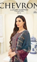 Embroidered chiffon front with sequence Embroidered chiffon back Embroidered chiffon sleeves Embroidered organza lace with pasting Embroidered organza ghera lace Embroidered chiffon dupatta – 2.50 Meter Raw Silk trouser – 2.5 Meter Embroidered organza trouser lace