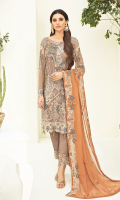 Embroidered chiffon front with sequence Embroidered chiffon back Embroidered chiffon sleeves Embroidered tissue lace Embroidered tissue ghera lace Embroidered chiffon dupatta – 2.50 Meter Raw Silk trouser – 2.5 Meter Embroidered tissue trouser lace