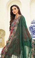 Embroidered chiffon front with sequence Embroidered chiffon back Embroidered chiffon sleeves Embroidered organza lace with pasting Embroidered organza ghera lace Embroidered chiffon dupatta – 2.50 Meter Raw Silk trouser – 2.5 Meter Embroidered organza trouser lace