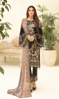 Embroidered chiffon front with sequence Embroidered chiffon back Embroidered chiffon sleeves Embroidered organza lace with pasting Embroidered organza ghera lace Embroidered chiffon dupatta – 2.50 Meter Raw Silk trouser – 2.5 Meter Embroidered organza trouser lace